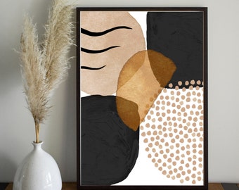 Mid Century Abstract Art Print: Black, Beige Watercolor Shapes