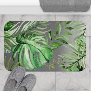 Floral Bath Mat, Non-slip Modern Boho Bath Rug, Gray Forest Green Jungle Monstera Leaves Minimalist, Bathroom Decor