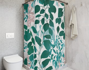 Fabric Boho Shower Curtain | Teal Emerald Green, Turquoise, White Blush Pink Tropical Eucalyptus Leaves Bath Curtain |Plant Bathroom Curtain