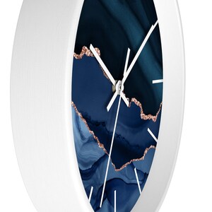 Wood Wall clock, Navy Blue Rose Gold, Marble Agate Quartz Print, Fancy Elegant, Abstract Modern Art, 10 Minimalist Kitchen, Office Clock zdjęcie 2