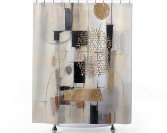 Abstract Art Shower Curtain | Modern Minimalist Abstract, Cream Grey Muted Gold, Beige Black Watercolor |Geometric Ombre Print Bathroom Deco