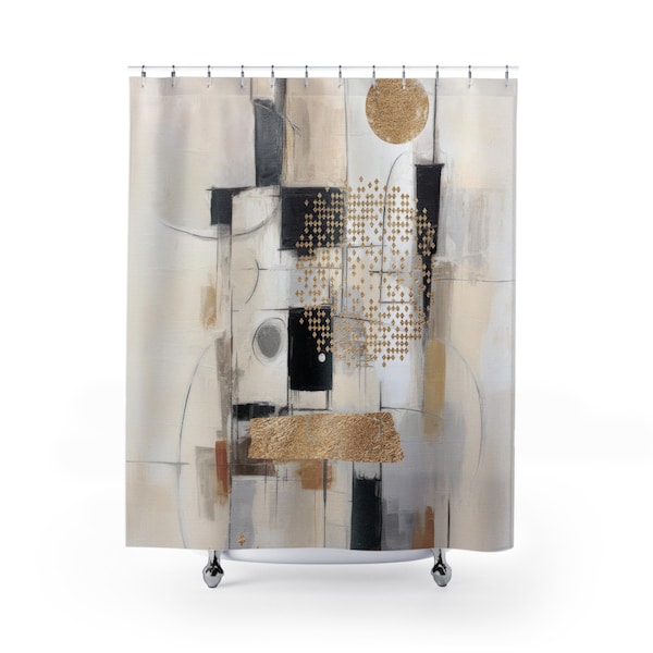 Abstract Art Shower Curtain | Modern Minimalist Abstract, Cream Grey Muted Gold, Beige Black Watercolor |Geometric Ombre Print Bathroom Deco