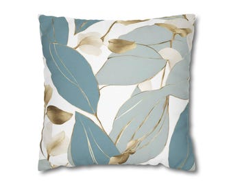 Boho Pillow Cover | Floral Watercolor, White Pale Dusty, Baby Powder Blue, Beige, Leaves, Coastal, Living Room, Decorative Accent Pillow