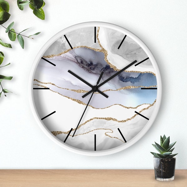 Abstract Wood Wall Clock, 10" White Grey Blue Gold, Marble Agate Quartz, Fancy Elegant, Minimalist, Kitchen, Office Wall Clock