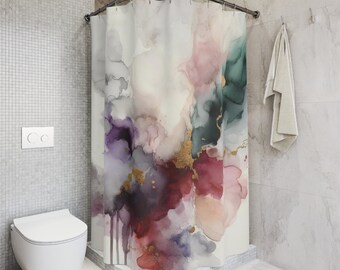 Fabric Boho Shower Curtain | Abstract, White, Purple Burgundy Grey Cream, Muted Gold | Contemporary Modern Organic Decor, Bathroom Curtain