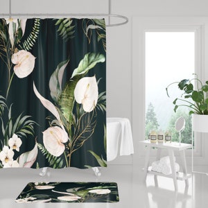 Boho Shower Curtain and Bath Mat Set, Anthurium, Orchids, black, ivory, blush pink green, tropical floral botanical watercolor