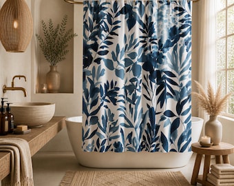 Boho Fabric Shower Curtain | Floral Leaves Indigo Navy Blue| Watercolor Bathroom Curtain