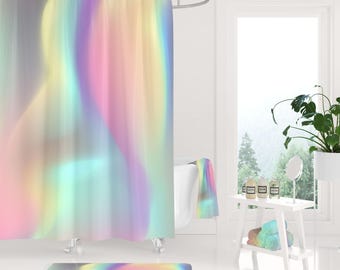 Holographic Inspired Shower curtain and bath mat, Lavender pink Yellow Mint Green and turquoise bathroom set, elegant home decor