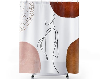 Boho White Shower Curtain, Sensuous Woman, Female Body Line Art, Rust Blush Pink, Water Resistant,  Abstract Bathroom Curtain Rug Set