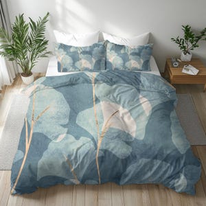 Blue Duvet Cover, Light Blue Beige, Ginko Leaves, Abstract Floral Art, King, Queen, Twin Duvet Cover,  Modern Boho Bedding Home Decor