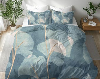 Blue Duvet Cover, Light Blue Beige, Ginko Leaves, Abstract Floral Art, King, Queen, Twin Duvet Cover,  Modern Boho Bedding Home Decor