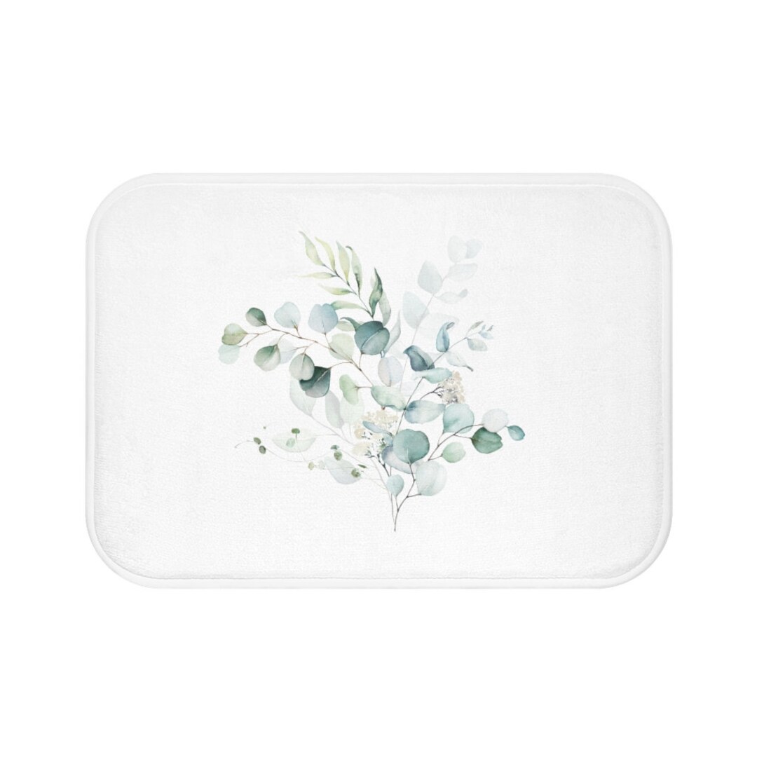 Modern Farmhouse Floral Bath Mat, Eucalyptus Bathroom Rug, Green