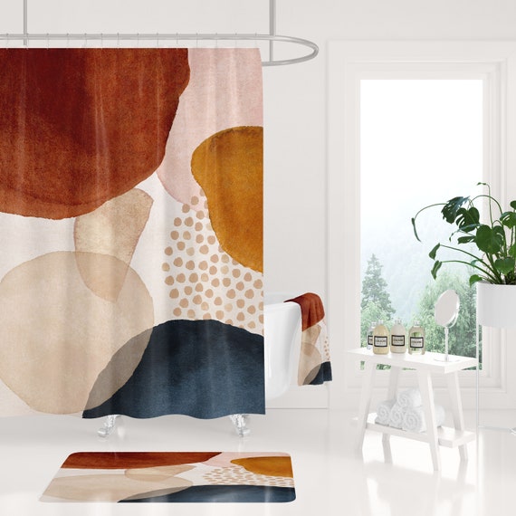 Abstract Art Shower Curtain and Bath Mat Watercolor Bathroom 