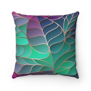 Abstract, Art Nouveau,Throw Pillow Cover, Orange, Violet Purple, Blue Green Teal, Floral Bohemian Decorative, Accent Pillow, Apartment Decor