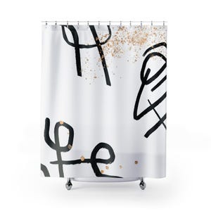 Boho Shower Curtain, Black White Fabric Shower Curtain| Modern Bathroom Set | Muted Gold Dust Print | Minimalist Watercolor Bathroom Decor