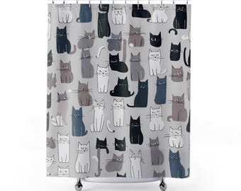 Fabric Boho Shower Curtain | Cute Cats Shower Curtain, Grey White Black, Blue Cats, Animal, Kids Bath Accessories