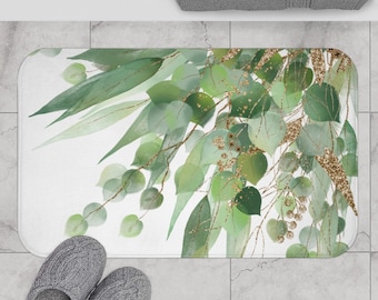 Boho Floral Bath Mat and Rug, Green and White, Eucalyptus Leaves, Plant Tree Lovers Gift, Minimalist Farmhouse in Watercolor, Bath Set