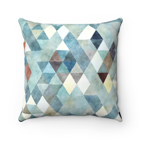Pillow Cover, Dusty Blue, Turquoise Watercolor, Geometric Decorative Pillowcase, Square Pillow Cover, Farmhouse Decor