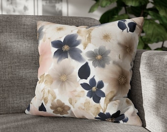 Housse de coussin fleurie pour canapé | Décorations blanches rose poudré, bleu marine gris ivoire | Taie d'oreiller décorative chambre à coucher salon, 20 x 20 18 x 18
