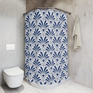Boho douchegordijn, abstract stoffen douchegordijn, art deco, nouveau, wit marineblauw | Marokkaans modern badkamerdecor uit het midden van de eeuw met ventilator