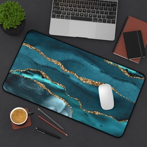 Teal Blue & Gold Marble Abstract Desk Mat
