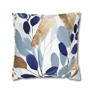 Abstract Pillow Cover | Dusty Pale, Navy Blue, White Muted Gold Abstract Floral Leaves, Sofa Throw Pillowcase, Modern Art Decor