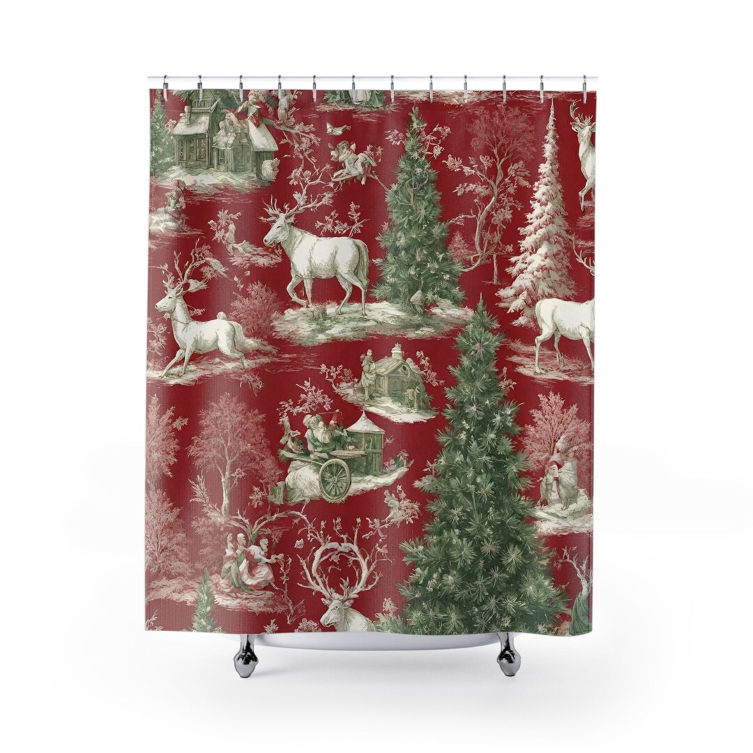 Boho Christmas Shower Curtain Xmas Reindeer Red White Green Winter Holidays, Pine Trees, Shabby ...