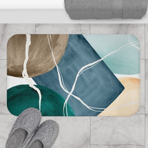 Boho Chic | Abstract Bath Mat and Rug, Navy Blue, Brown Green, beige Beige, Fancy Elegant Unique Art, Watercolor, Bathroom Decor Set