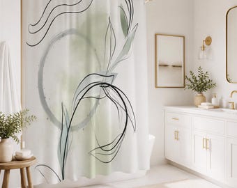 Boho Shower Curtain | Sage Green Black White Abstract Floral Watercolor