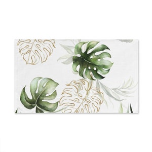 Hand Towel, Monstera Leaves, Exotic Jungle, Tropical Botanical, White Beige Green, Elegant Fancy, Kitchen Bathroom, Spa, Workout Towel image 3