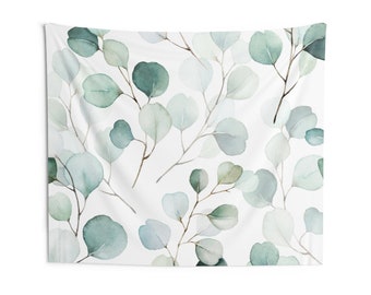 Wall Hanging Tapestry, Eucalyptus Leaves, Green Watercolor, Floral Botanical, Simple Minimalist, Farmhouse Decor, Large Wall Tapestry