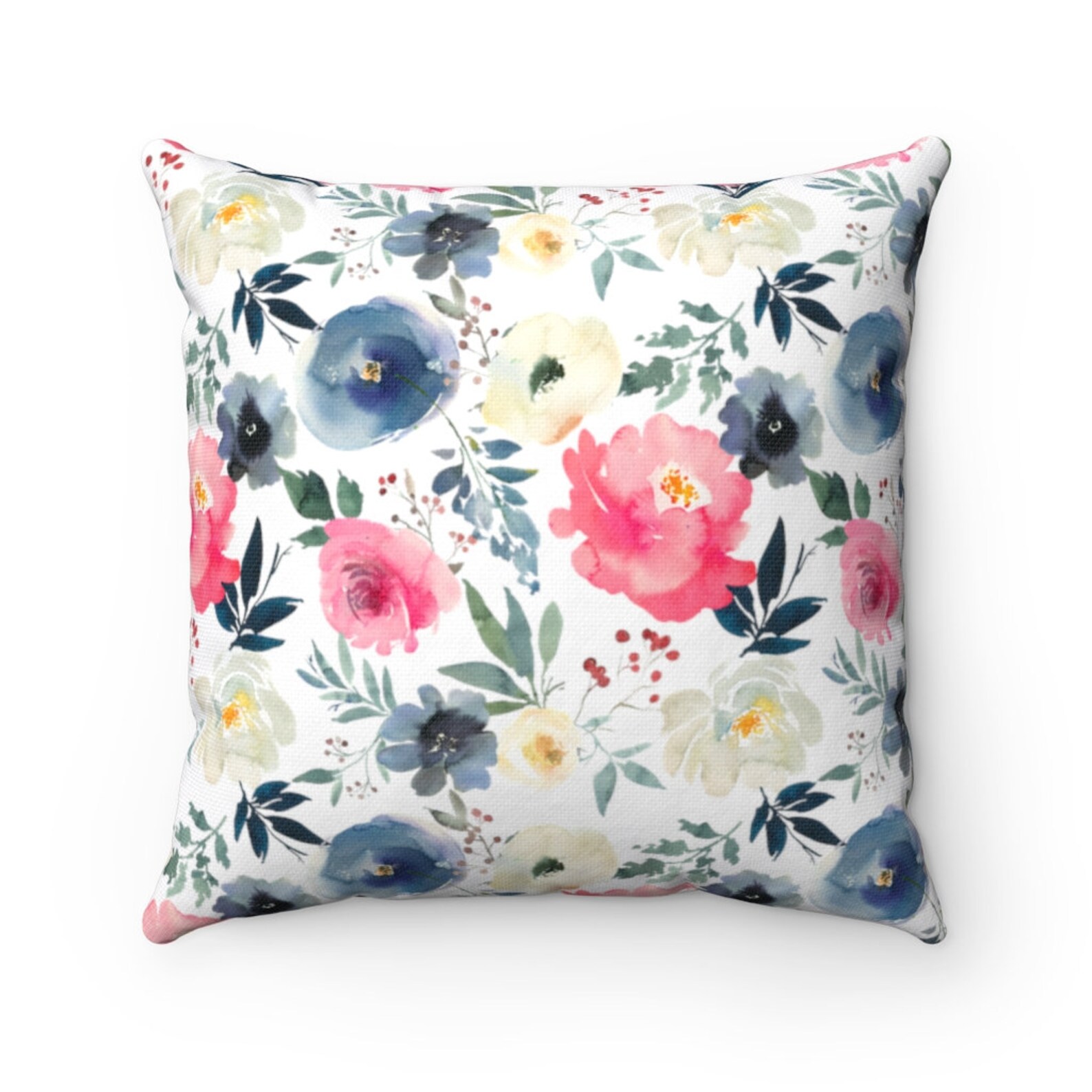 Watercolor Floral Pillow Cover Navy Dusty Blue Pink White Etsy