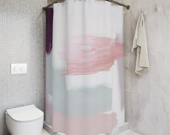 Fabric Boho Shower Curtain | Abstract, White, Blush Mauve Pink, Mint Brush Strokes | Contemporary Modern Organic Decor, Bathroom Curtain