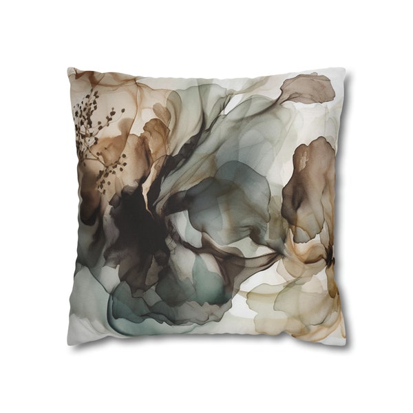 Abstract Couch Throw Pillow | Neutral Liquid Alcohol Ink Navy Teal Blue Beige Brown | Modern Watercolor Square,  Accent Decorative