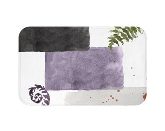 boho bath mat and rug | Organic Modern, Color Blocks, Lavender Purple, Grey, Green, White, Black Geometric | Watercolor, Bathroom Decor