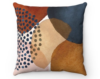 Abstract Art Pillow Cover, Rust Beige, Navy, Burnt Orange, Blush Pink Shapes, Watercolor Decorative Square Pillowcase, Square 20x20, 18x18