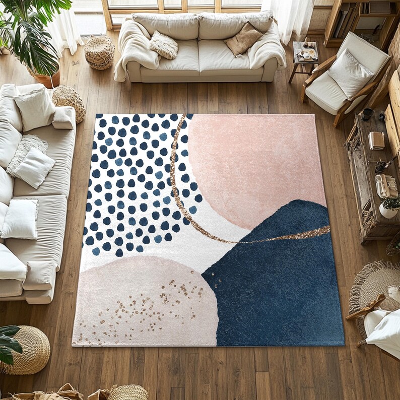 Boho Chic Area Rugs, Navy, Ivory, Gold, Blush Pink, Abstract, Mid ...
