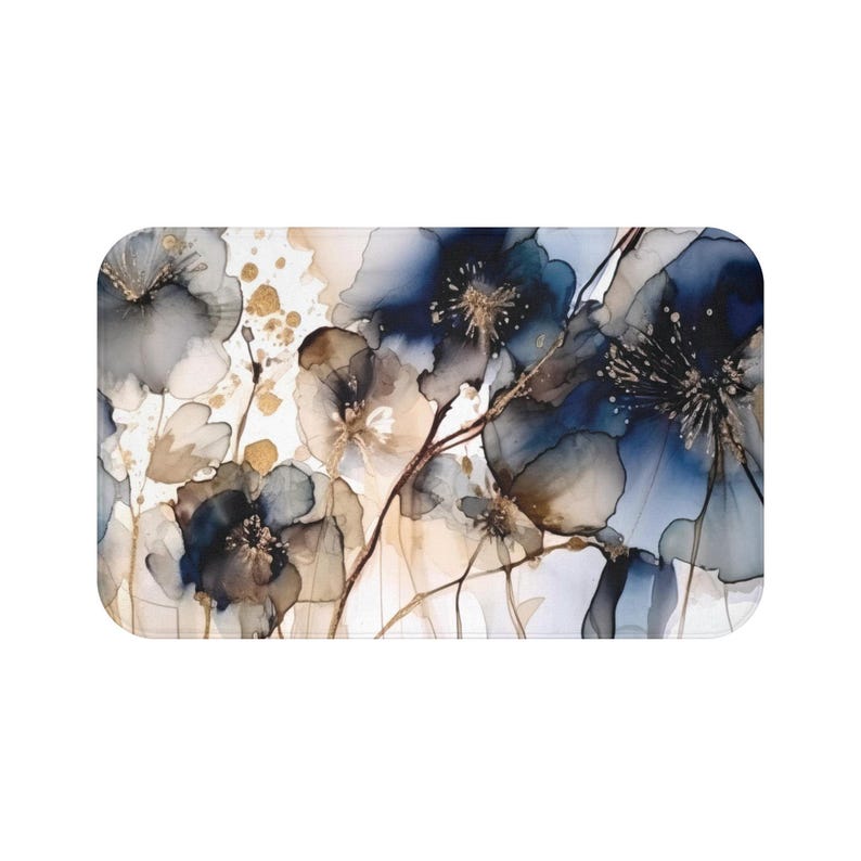 Boho Duschvorhang | Abstraktes Florales Marineblau, Beige Ombre, flüssige Tinte | Stilvolles Aquarell Minimalist Bild 4
