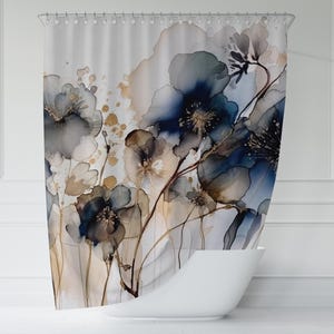 Boho Duschvorhang | Abstraktes Florales Marineblau, Beige Ombre, flüssige Tinte | Stilvolles Aquarell Minimalist Bild 2