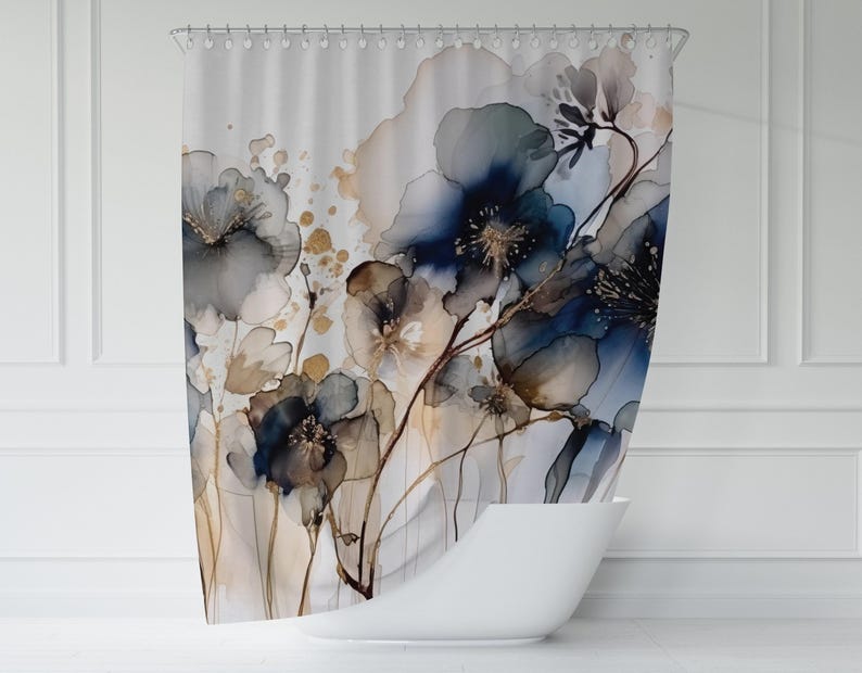Boho Duschvorhang | Abstraktes Florales Marineblau, Beige Ombre, flüssige Tinte | Stilvolles Aquarell Minimalist Bild 2
