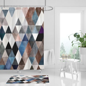 Set abstract geometrisch douchegordijn en badmatten: modern mozaïek badkamerdecor