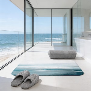 Abstract Bath Mat, Kitchen Mat | Teal Green Blue, White, Ocean Sea, Nature Earthy Neutral Ombre Gradient Watercolor Colorful Bathroom Mat