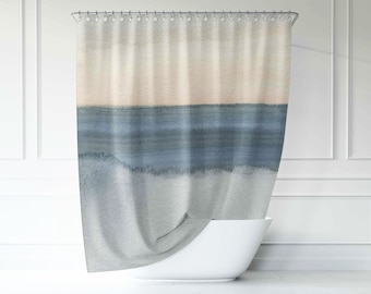 Boho Abstract Shower Curtain | Beige Navy Blue Gray Ombre | Ocean Sky | Minimalist Stylish | Watercolor Bathroom Decor