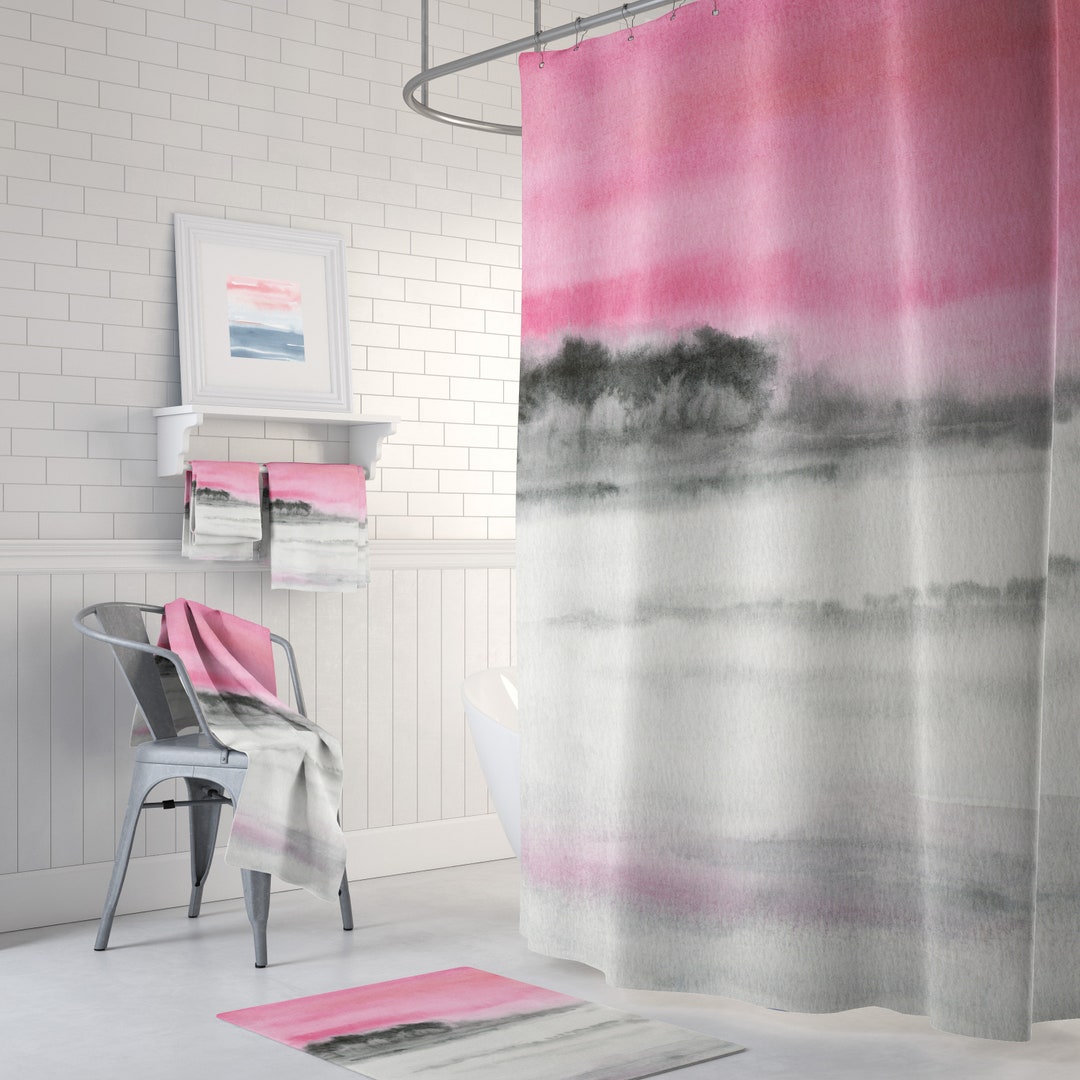 Boho Shower Curtain Set, Bath Mat, Hand, Bath Towel, Abstract Pink ...