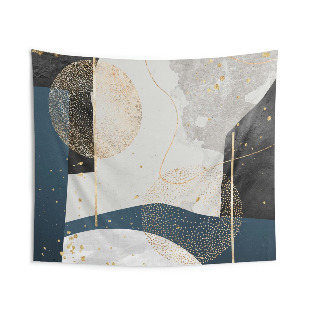 Navy Blue Abstract Wall Decor Hanging Boho Tapestry, Pale Gray, Non