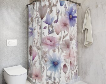 Fabric Boho Floral Shower Curtain | Pastel Pink, White, Blue, Beige Botanical Wildflowers | Farmhouse Shabby, Cottage Core Bathroom Curtain