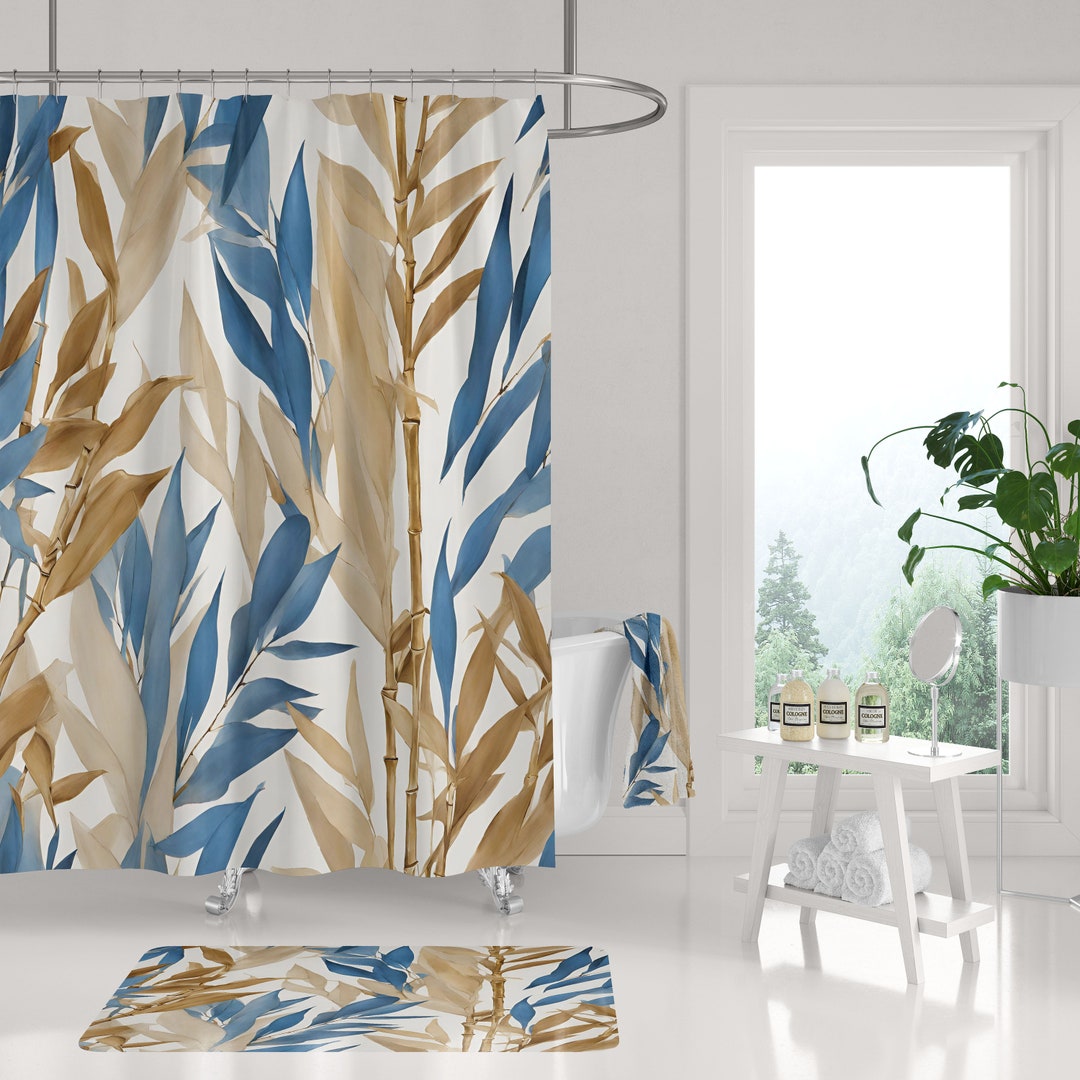 Boho Shower Curtain and Bath Mat Set Floral Nature Bamboo Etsy