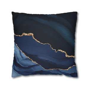 Abstract Pillow Cover, Navy Blue Earthy Marble, Muted Gold Agate Quartz, Fancy Elegant, Modern Luxury Pillowcase, Decorative Couch Accent