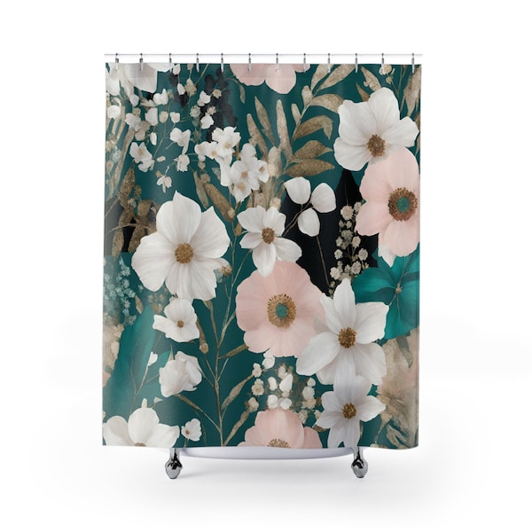 Boho Shower Curtain | Herbarium Wild Flowers, White, Blush Pink, Teal Green, Ivory Farmhouse, Cottage Watercolor Bathroom Decor