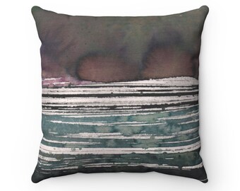 Throw Pillow Cover, Deep Purple Teal, Ivory Stripes Modern, Abstract Art Watercolor, Modern Square Decorative Accent Pillow